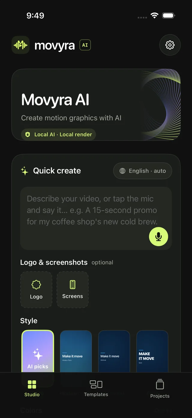 Movyra on iPhone, Quick create: the prompt field with a mic button, logo and screenshot slots, and the style picker.