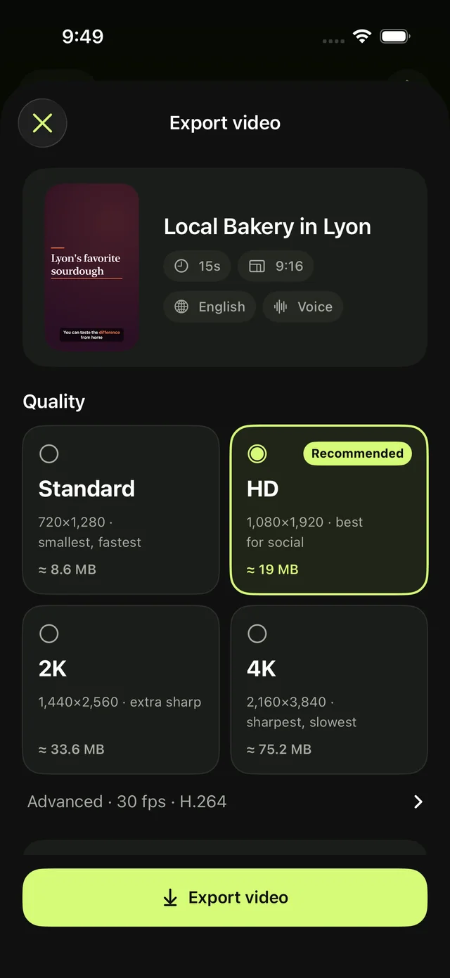 Movyra on iPhone, Export video: quality options Standard, HD, 2K and 4K with estimated file sizes.