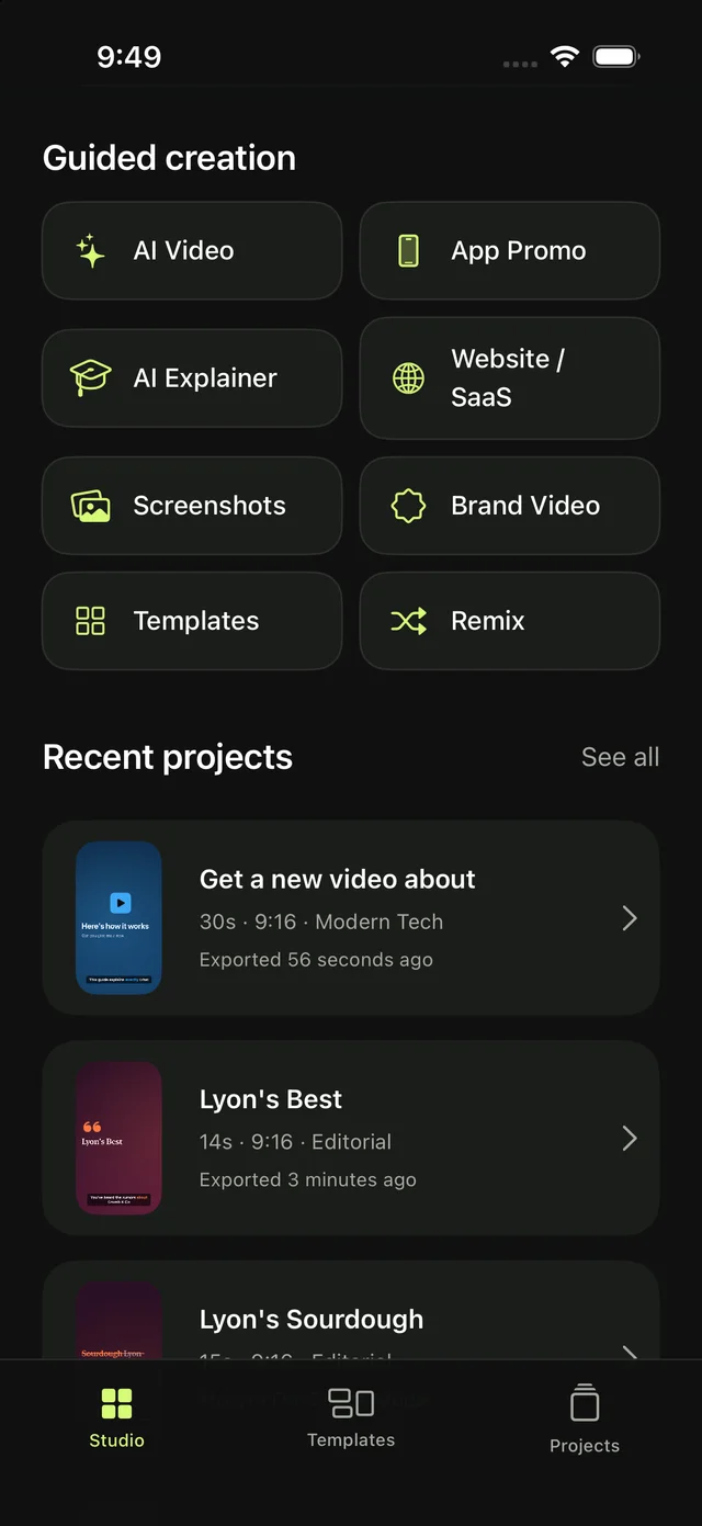 Movyra on iPhone, Guided creation: AI Video, App Promo, AI Explainer, Website / SaaS, Screenshots, Brand Video, Templates and Remix, above recent projects.