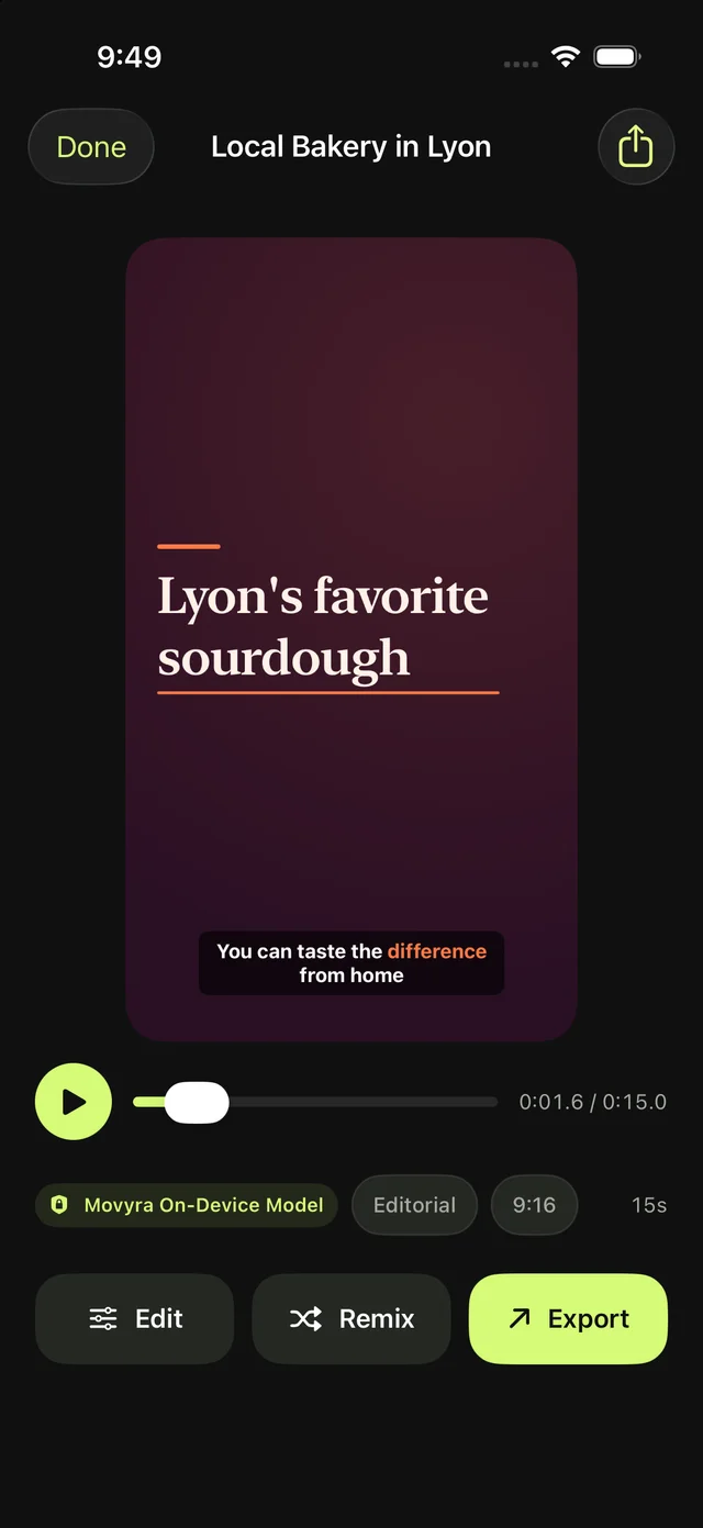 Movyra on iPhone playing a video titled “Lyon's favorite sourdough”, with Edit, Remix and Export buttons.