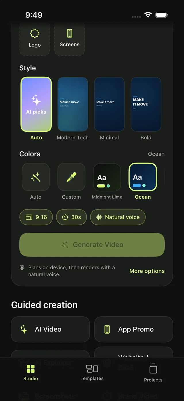 Movyra on iPhone: style packs, color presets, a 9:16 format, 30-second length, natural voice and the Generate Video button.