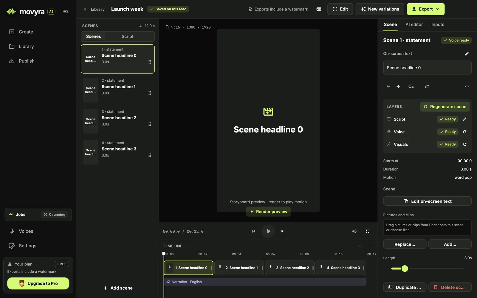 Editor: Scenes, script and timeline side by side.