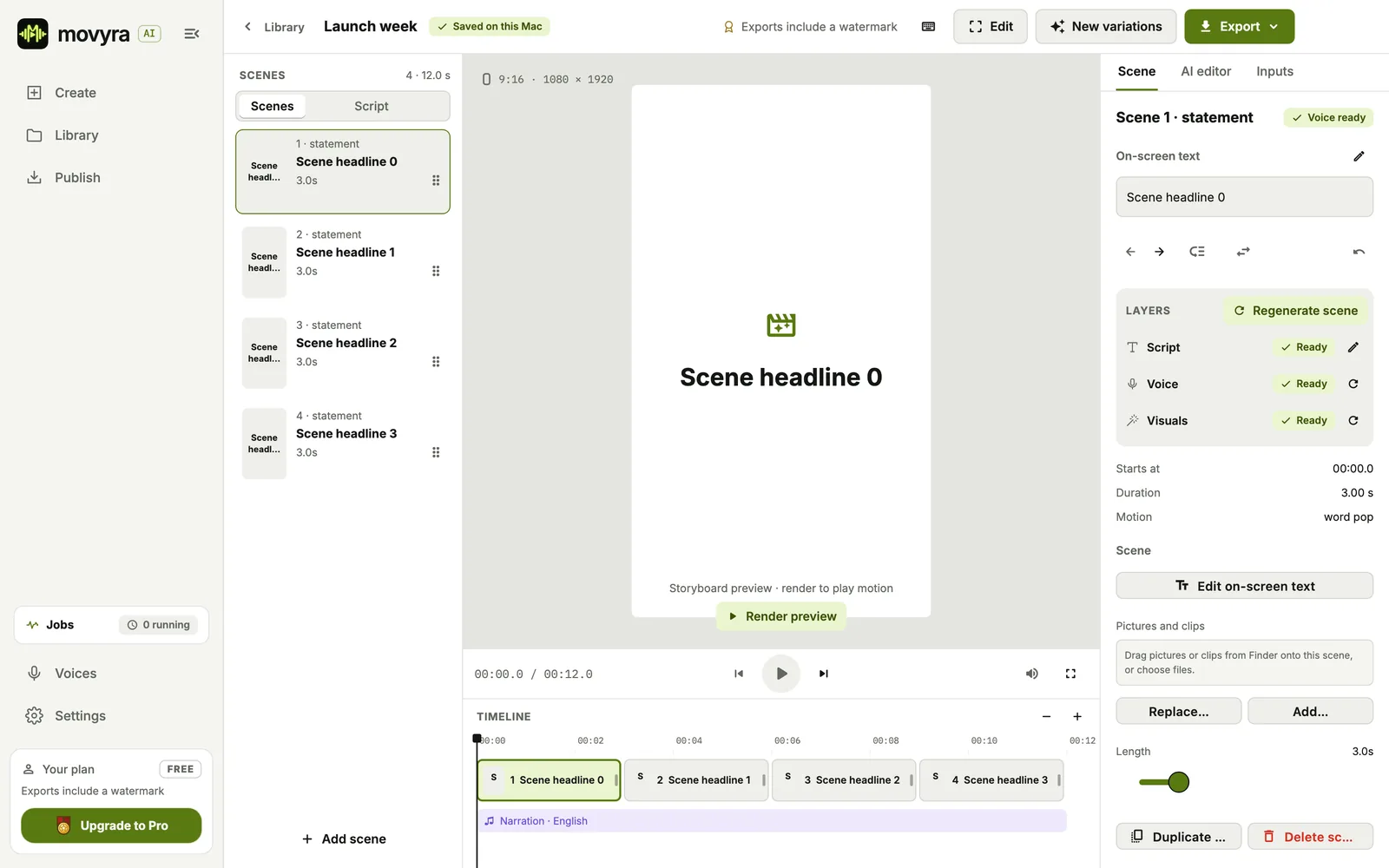 Editor: Scenes, script and timeline side by side.